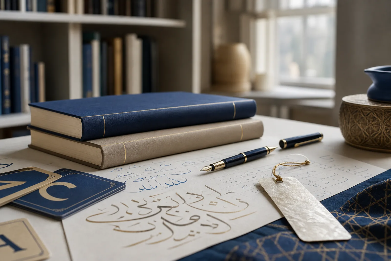 كتب وبطاقات كتابة وقلم حبر مرتبة لتعلم العربية والإنجليزية