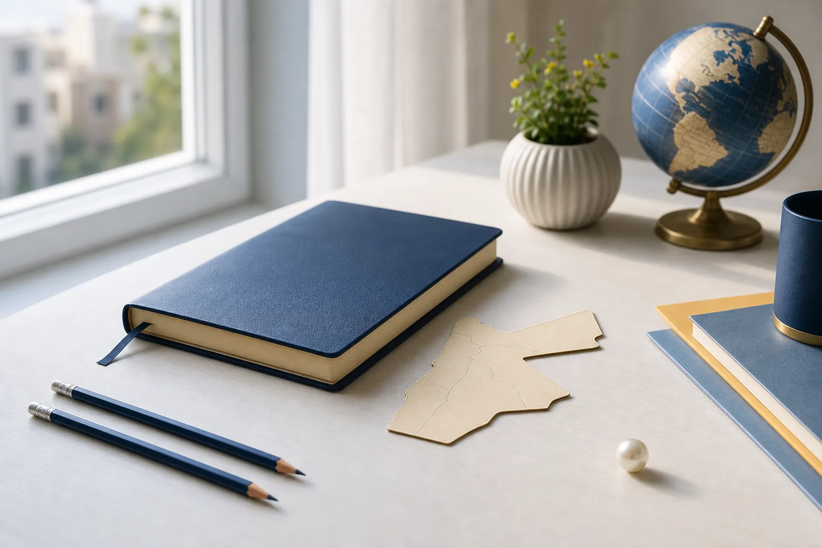 School planning notebook, pencils, globe, and Jordan map arranged on a desk