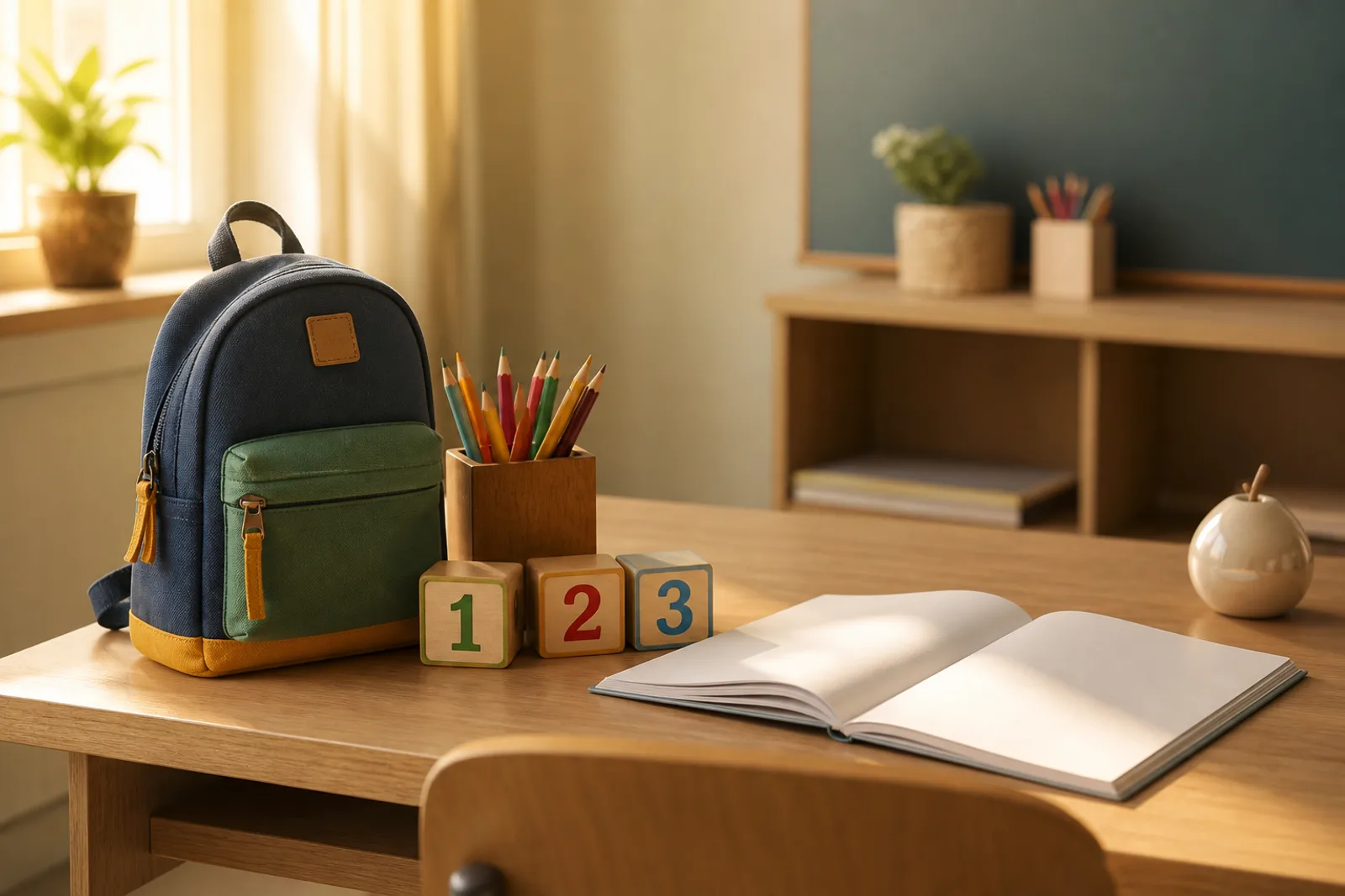 Small school bag, pencils, and a growth chart ready for Grade 1