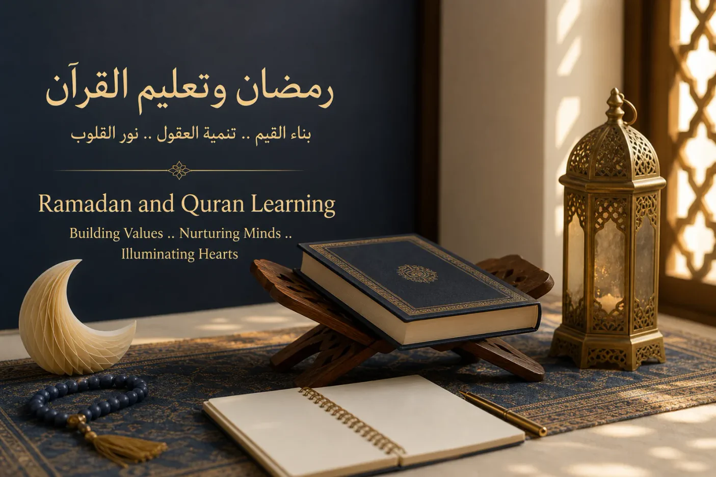 Closed Quran, wooden stand, Ramadan lantern, prayer beads, and blank reflection notebook