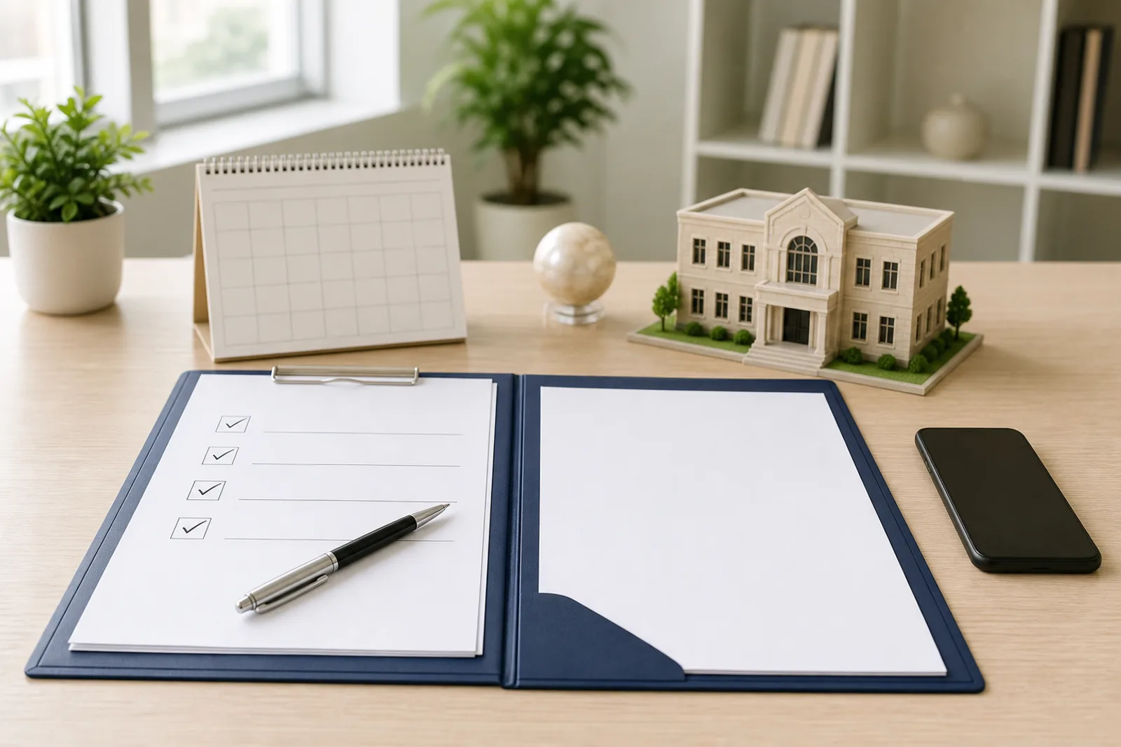 Registration documents, birth certificate folder, and pen on a desk