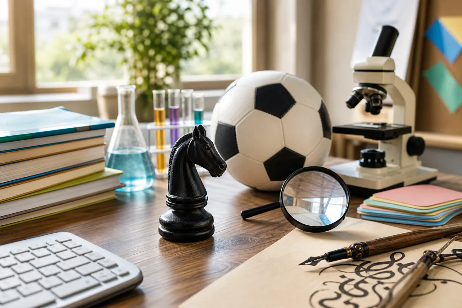 Chess piece, football, microscope, books, keyboard, and calligraphy tools representing school clubs