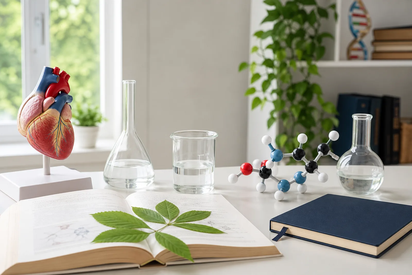 Heart model, safe chemistry glassware, leaf specimen, and molecular model for Health Field study