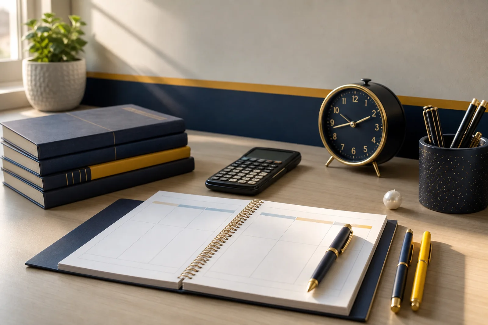 Tawjihi revision desk with a calculator, marks sheet, and study notes
